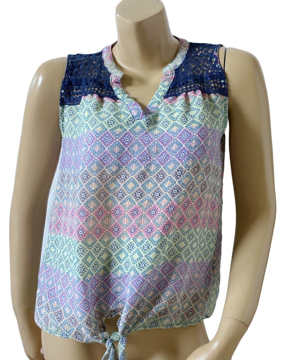 Zac & Rachel Boho Lace Trim Tie Front Sleeveless Tank Top Size Small